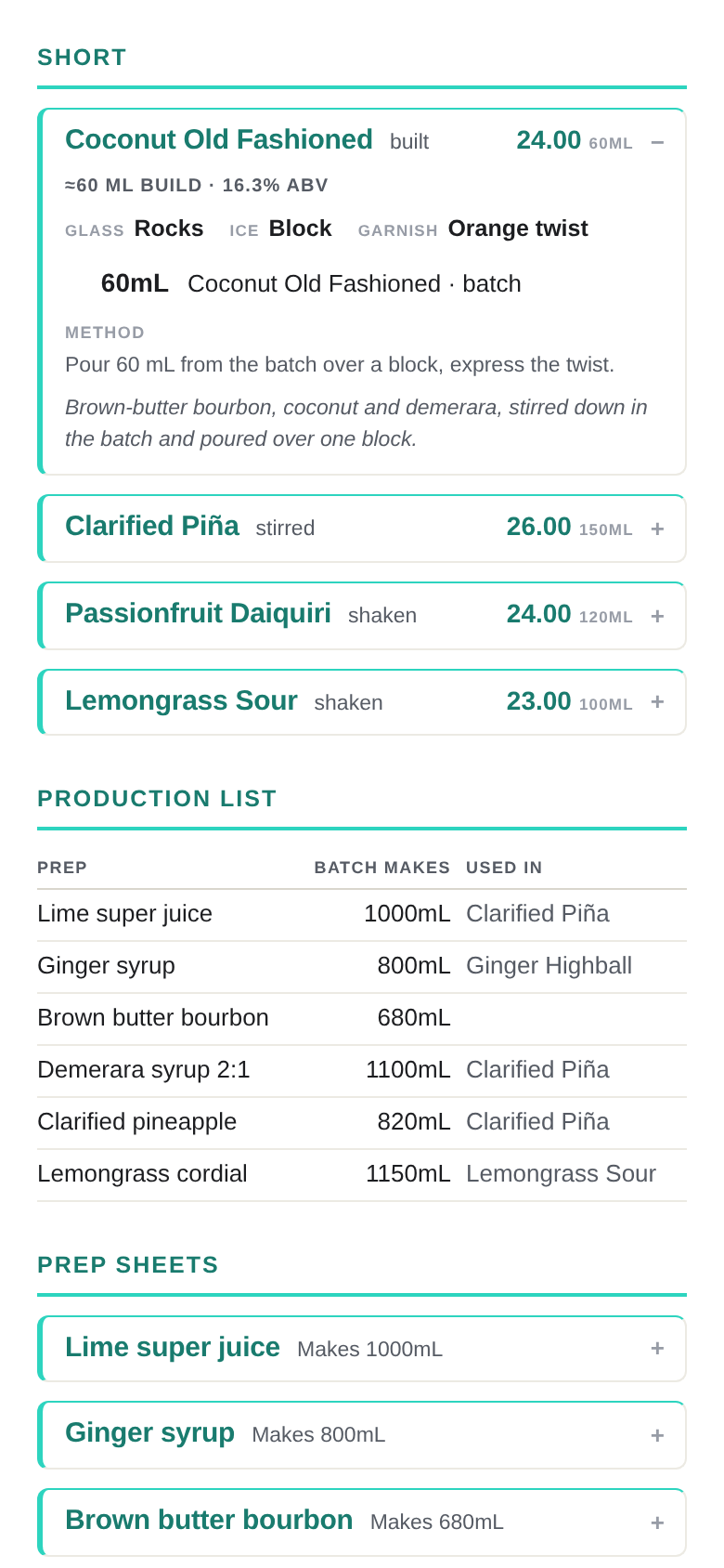 A published pack on a phone: the Coconut Old Fashioned spec card open — build, glass, ice, garnish and method — above the production list and prep sheets