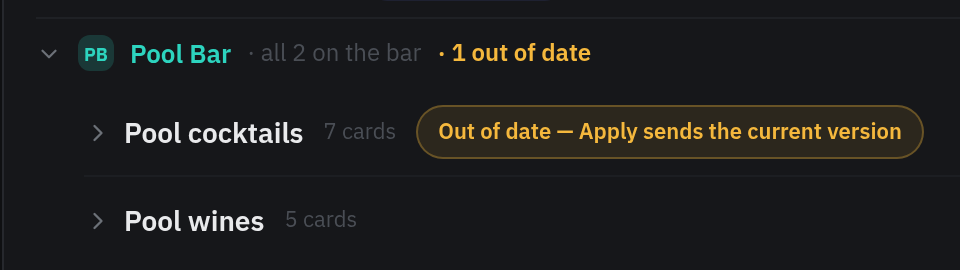 One outlet on the Deluge publish board: the pool bar's cocktail list flagged out of date — Apply sends the current version — and its wine list on the bar